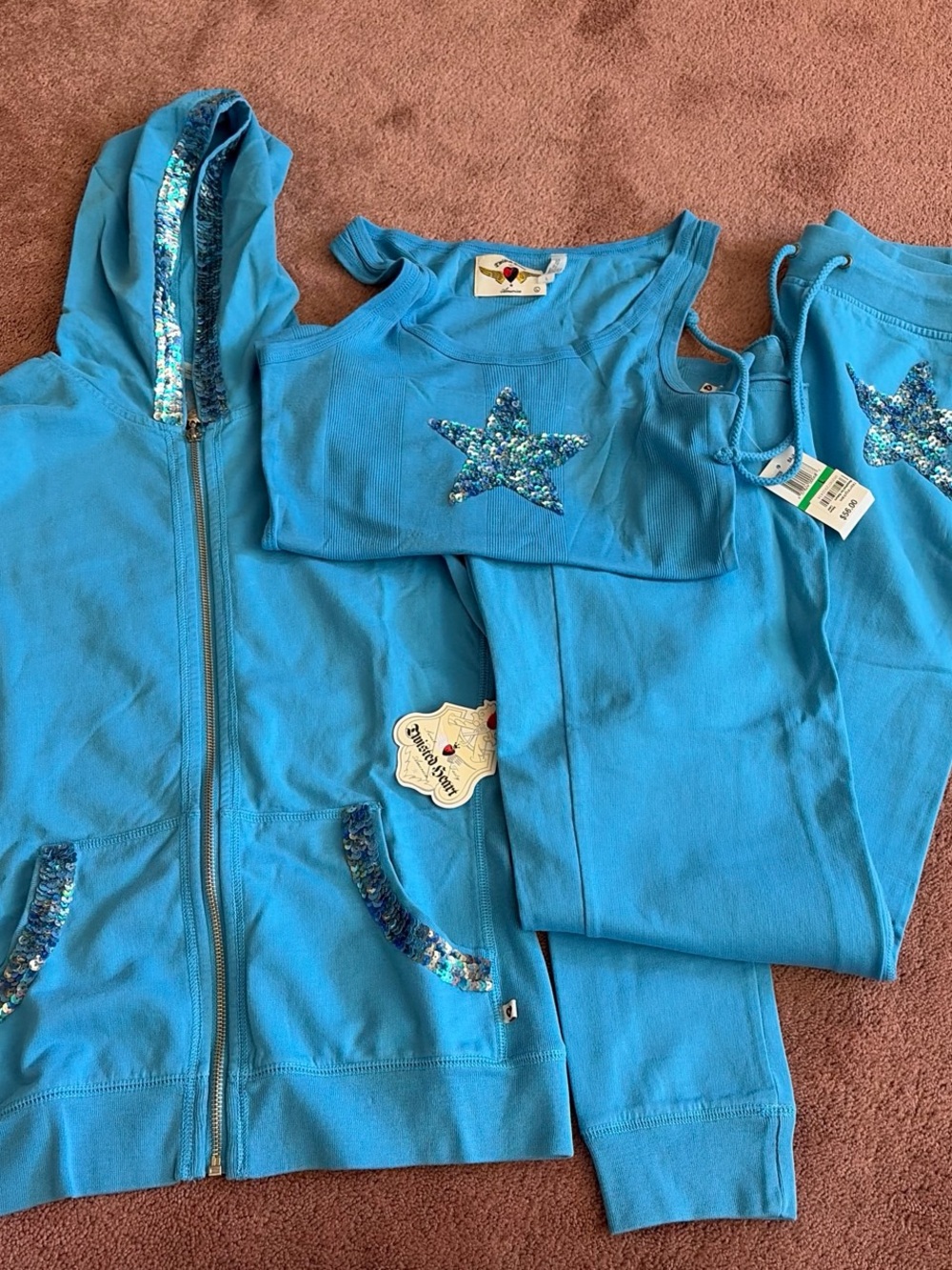 TWISTED HEART Blue Sequin Star Hoodie Tank and Joggers Set sequin NWTS 3 peice